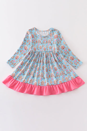 Blue gingerbread print ruffle dress - ARIA KIDS