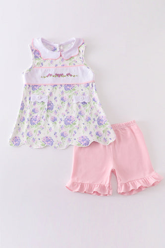 Purple floral print embroidery girl set
