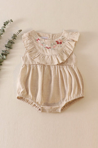 Beige floral embroidery ruffle linen girl bubble