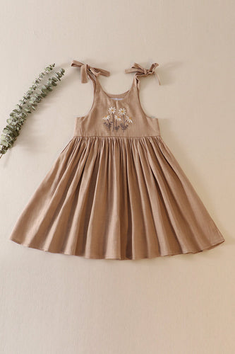 Beige floral embroidery linen dress