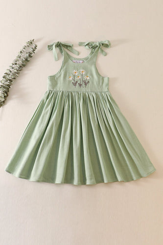 Sage floral embroidery linen dress