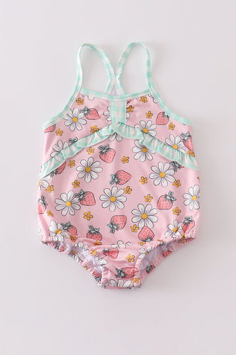 Pink floral strawberry print one-piece girl swimsuit - ARIA KIDS