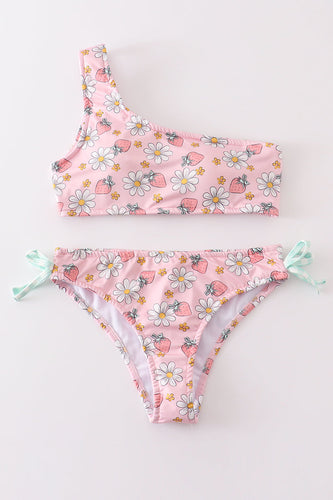 Pink floral strawberry print women swimsuit - ARIA KIDS