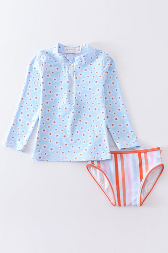 Blue floral print 2pc long sleeve rashguard swimsuit UPF50+ - ARIA KIDS