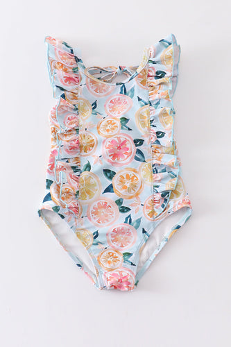 Blue lemon print ruffle girl swimsuit UPF50+ - ARIA KIDS