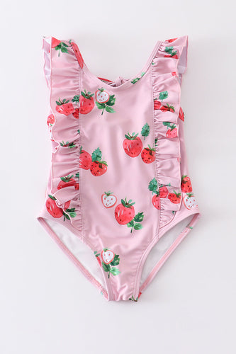 Pink strawberry print ruffle girl swimsuit UPF50+ - ARIA KIDS