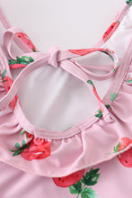 Pink strawberry print ruffle girl swimsuit UPF50+