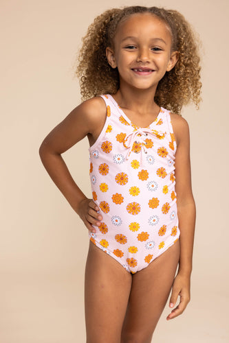 Orange floral print tie one piece girl swimsuit - ARIA KIDS