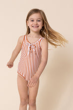 Terracotta stripe tie one piece girl swimsuit