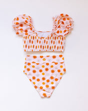 Orange floral print smocked bikini 2pc women swimsuit