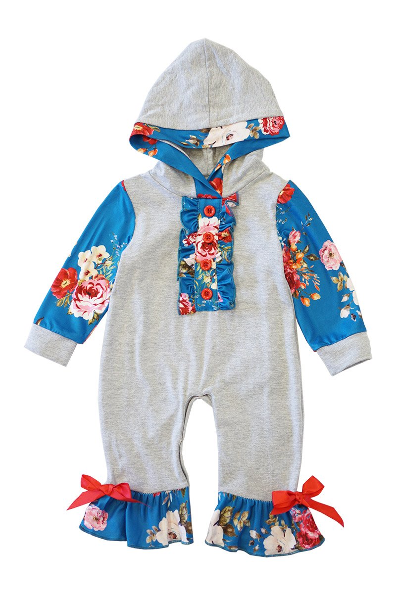 The Abigail Hoodie Romper - Blue Gray Floral - ARIA KIDS