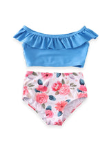 Mommy & Me Sky Blue Floral Ruffle 2-Piece High Waisted Swimsuits - ARIA KIDS