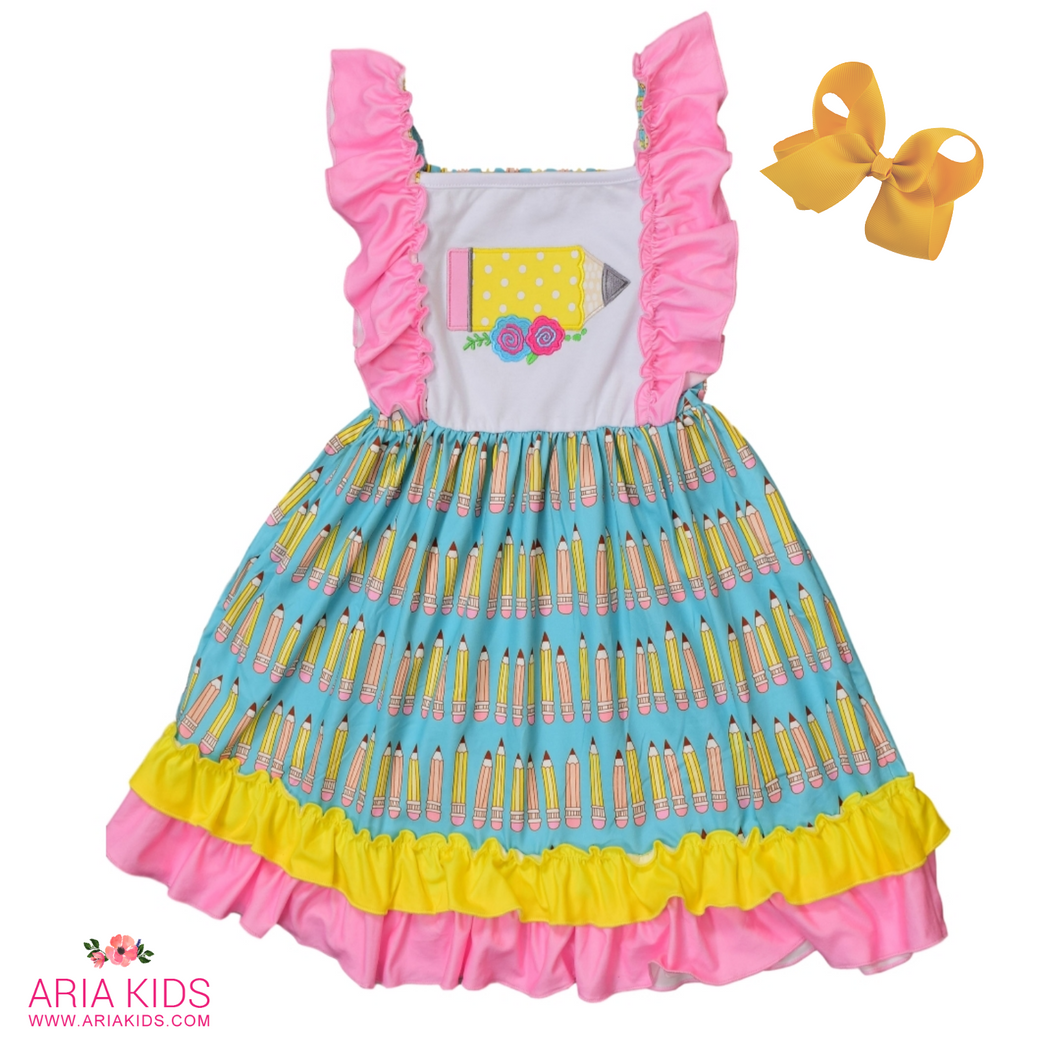 Yellow Pencil Back to School Ruffle Dress - ARIA KIDS