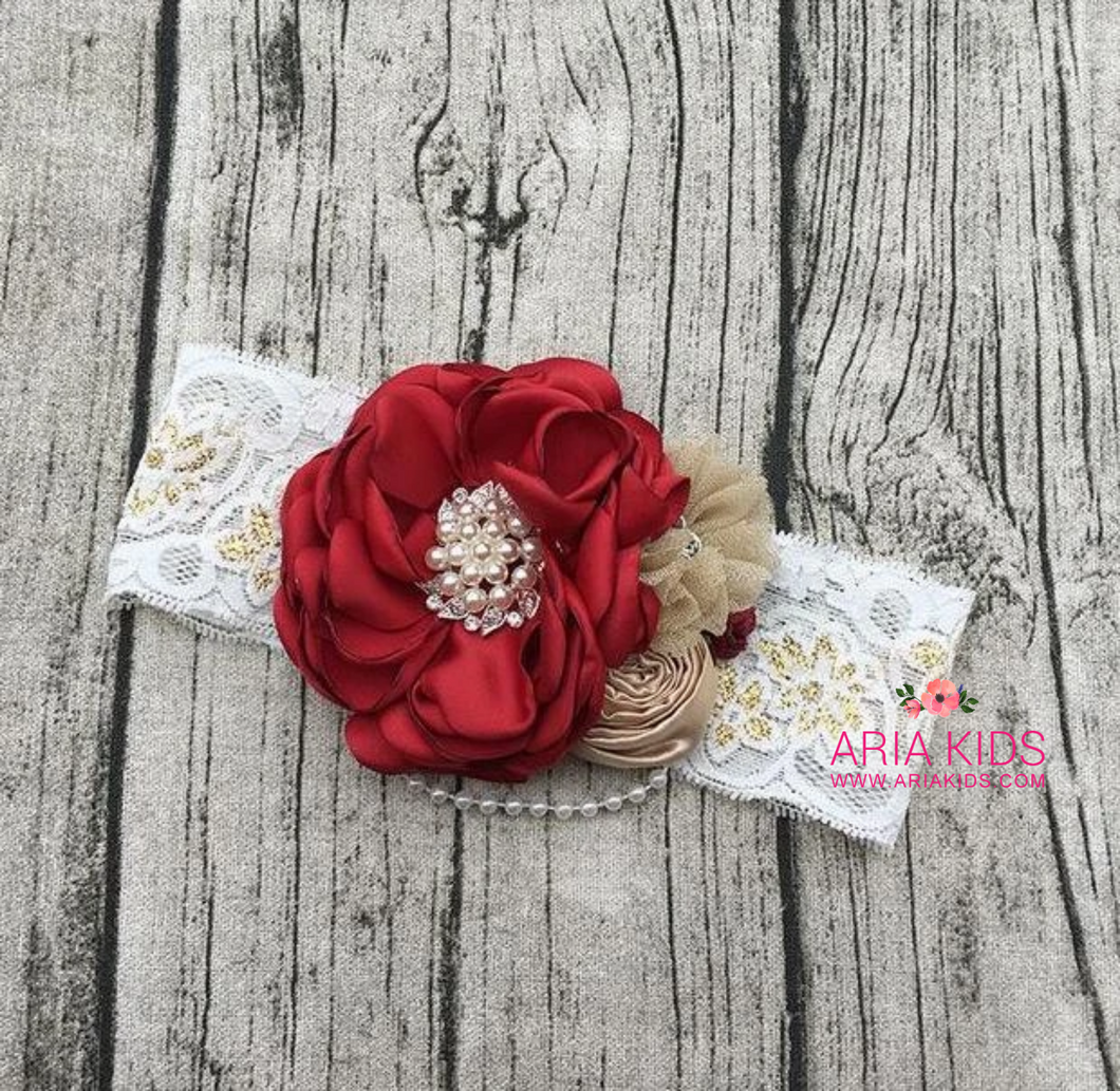 Red Rose Pearl Lace Headband - 3 sizes - ARIA KIDS