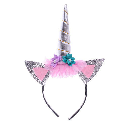 Silver Unicorn Floral Headband with Glitter Ears - ARIA KIDS