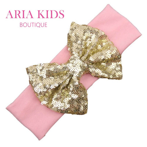 Pink/Gold Baby Sequin Bow Headband - ARIA KIDS
