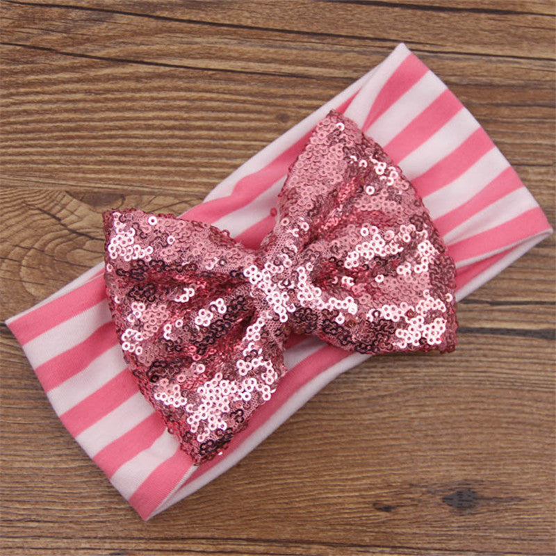 Baby Pink Stripes/Pink Sequin Baby Bow Headband - ARIA KIDS