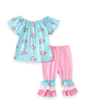 Blue Floral Polka Dot Bunny Rabbit Off Shoulder Top + Ruffled Capri Pants Set - ARIA KIDS