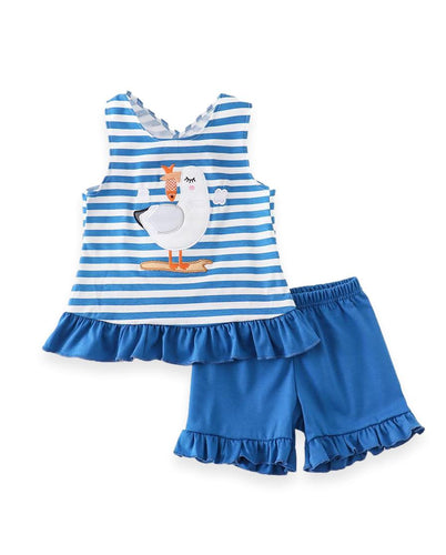 Blue & White Stripe Ruffle Seagull Girls Swing Top & Shorts Set - ARIA KIDS