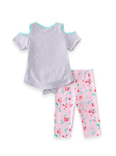 Grey Mint Bunny Rabbit Cold Shoulder Top + Pink Floral Capri Set - ARIA KIDS