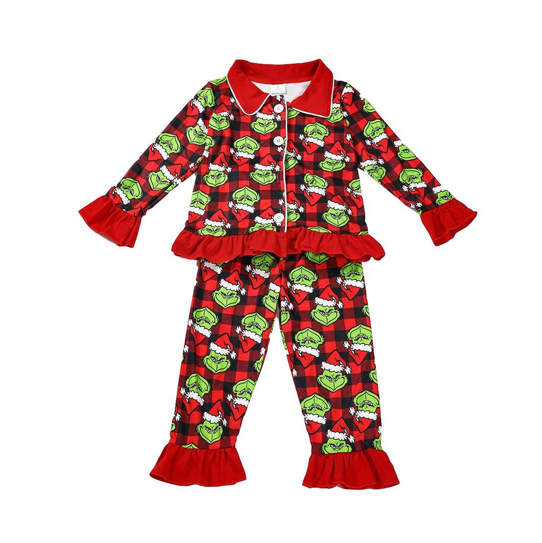 WHOLESALE CLEARANCE BUNDLE - Girls Grinch Long Sleeve Ruffle Pajama Set - ARIA KIDS