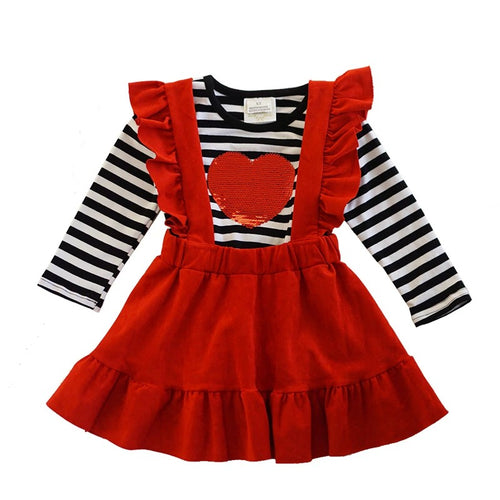 Red & Gold Heart Flip Sequin Suspender Skirt Set - ARIA KIDS