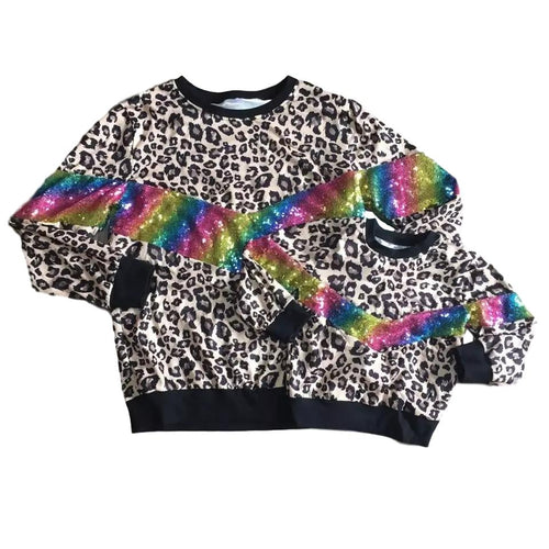 WHOLESALE CLEARANCE BUNDLE - Mommy and Me Leopard Rainbow Sequin Shirts - ARIA KIDS