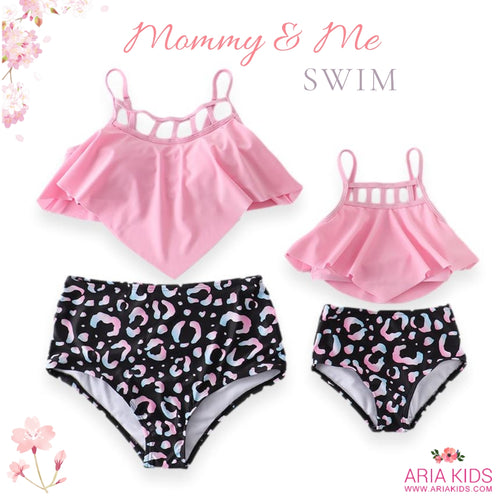 Mommy & Me Rainbow Leopard & Pink Cut Out High Waisted 2-Piece Swimsuit (**Sold out**) - ARIA KIDS