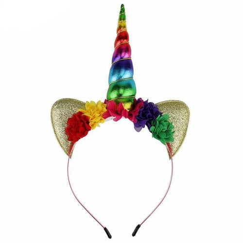 Rainbow Unicorn Floral Headband with Gold Glitter - ARIA KIDS