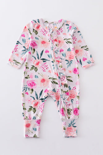 Pink floral print  bamboo zipper baby romper - ARIA KIDS