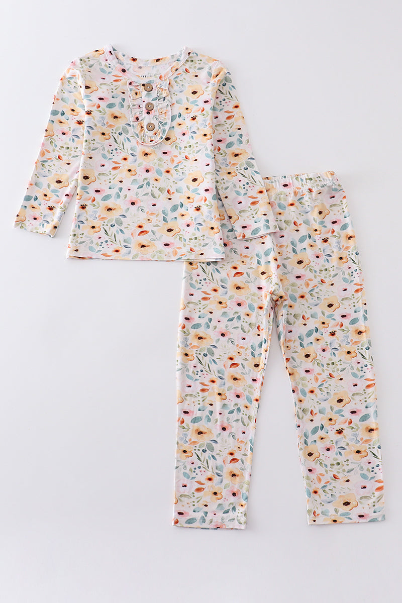 Mustard floral print bamboo pajamas set - ARIA KIDS