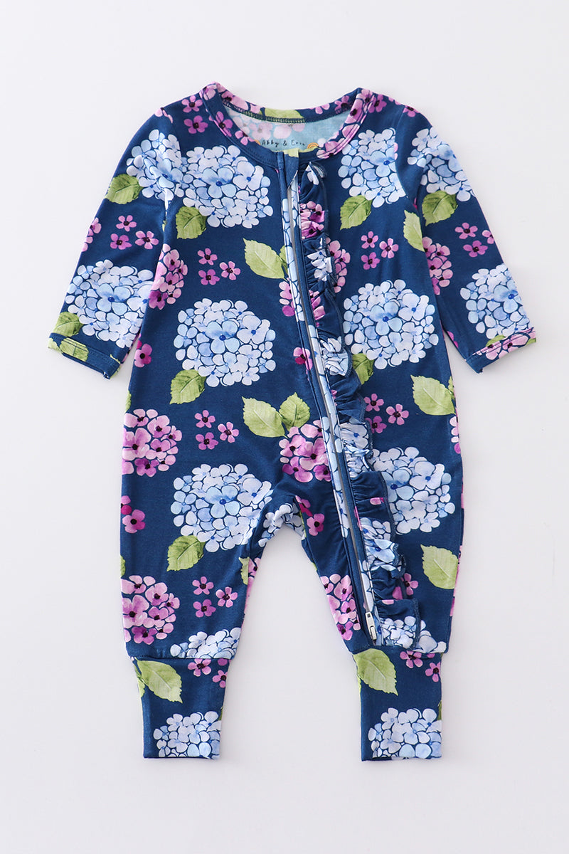 Navy floral print bamboo zipper baby romper - ARIA KIDS