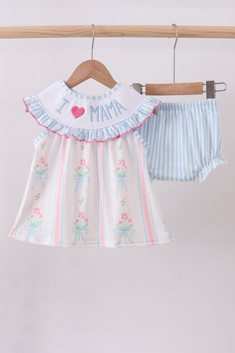 Blue floral I love MAMA smocked ruffle bloomer set - ARIA KIDS