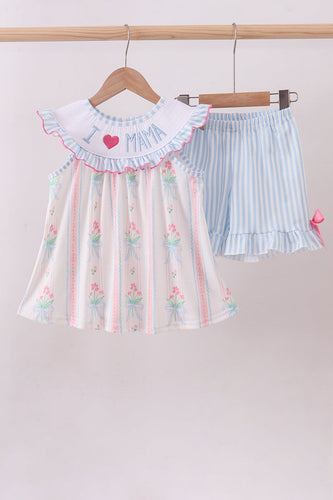 Blue floral I love MAMA smocked ruffle shorts set - ARIA KIDS