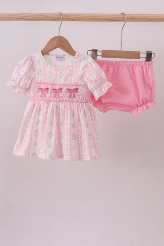 Pink floral bow smocked bloomer set - ARIA KIDS