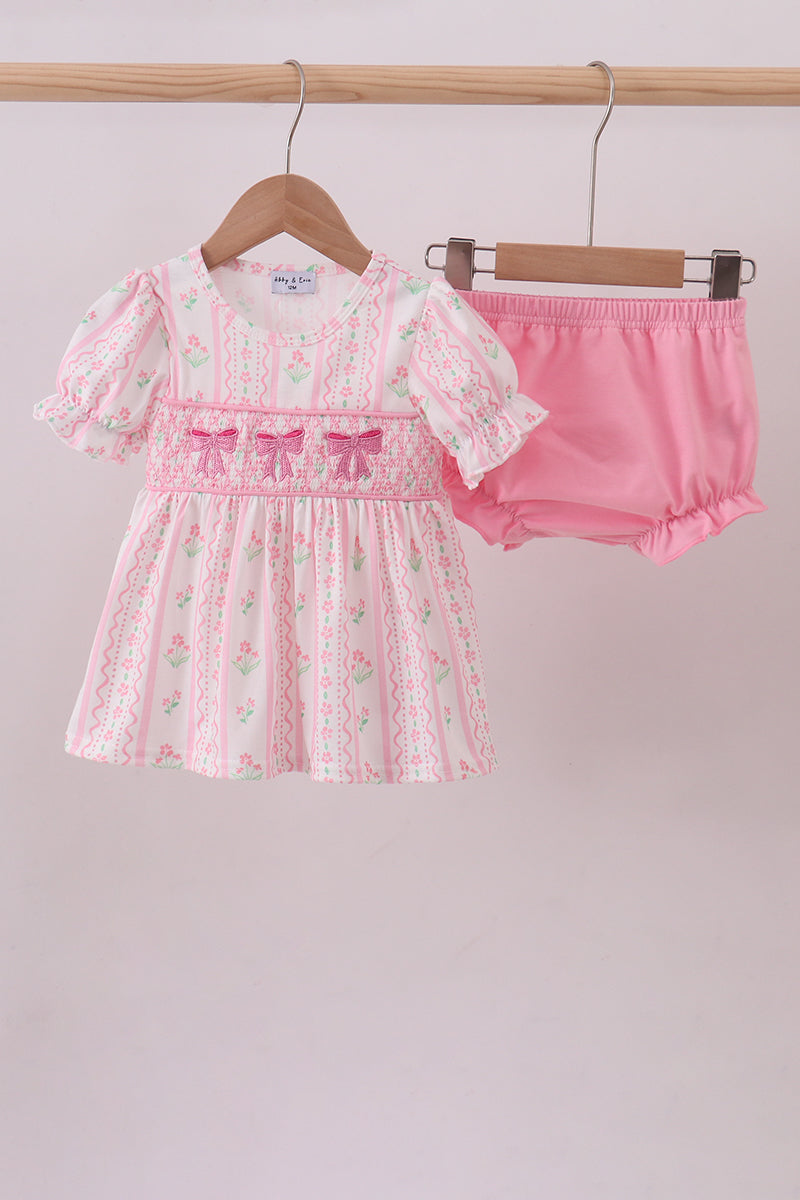 Pink floral bow smocked bloomer set - ARIA KIDS
