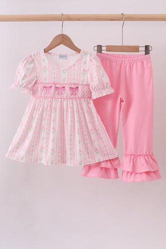Pink floral bow smocked ruffle pants set - ARIA KIDS