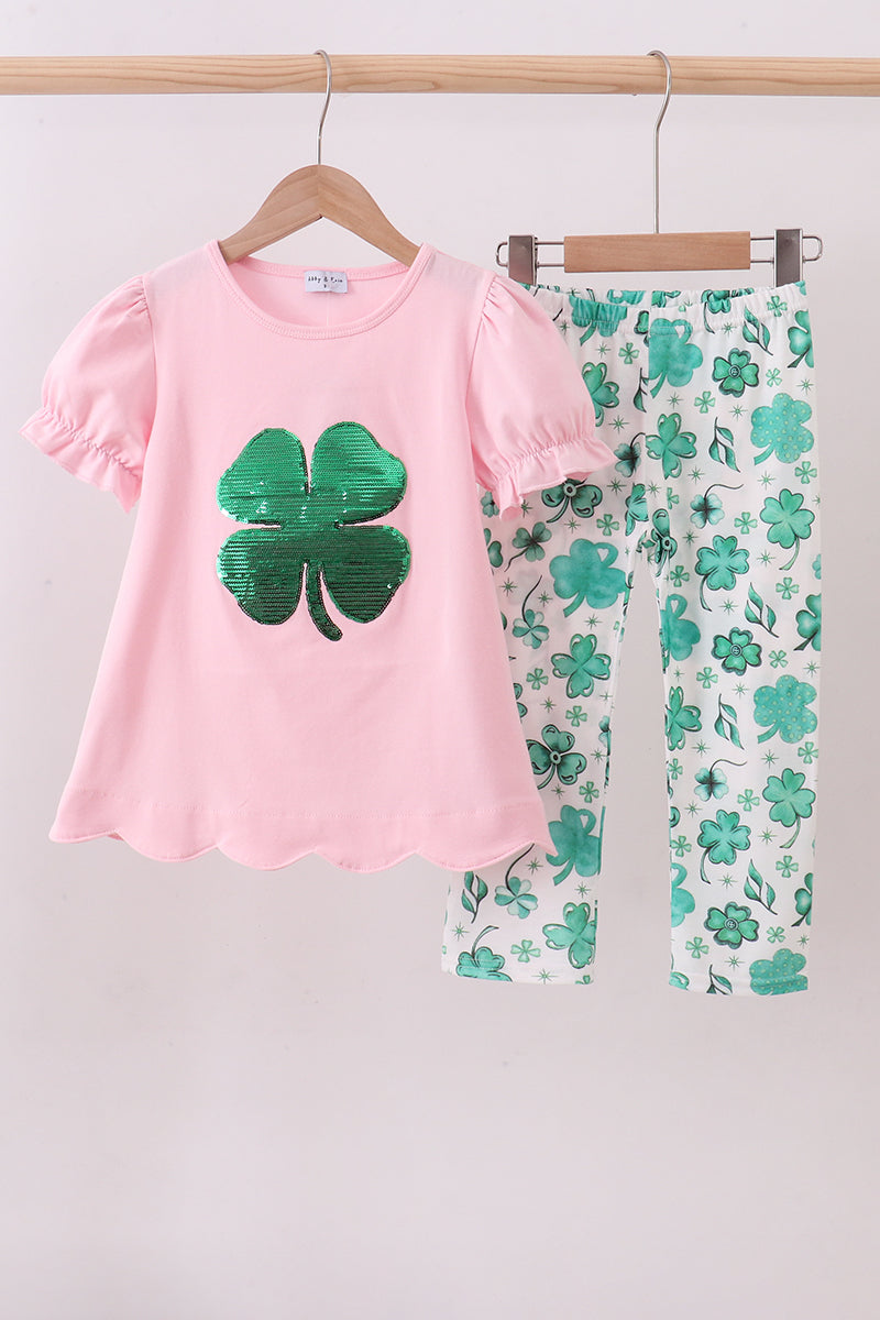 Pink clover glitter pants set - ARIA KIDS