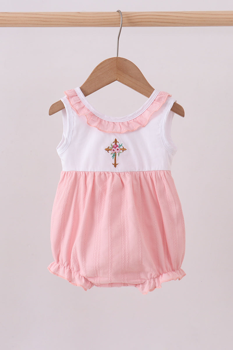 Pink cross jacquard embroidery ruffle bubble - ARIA KIDS