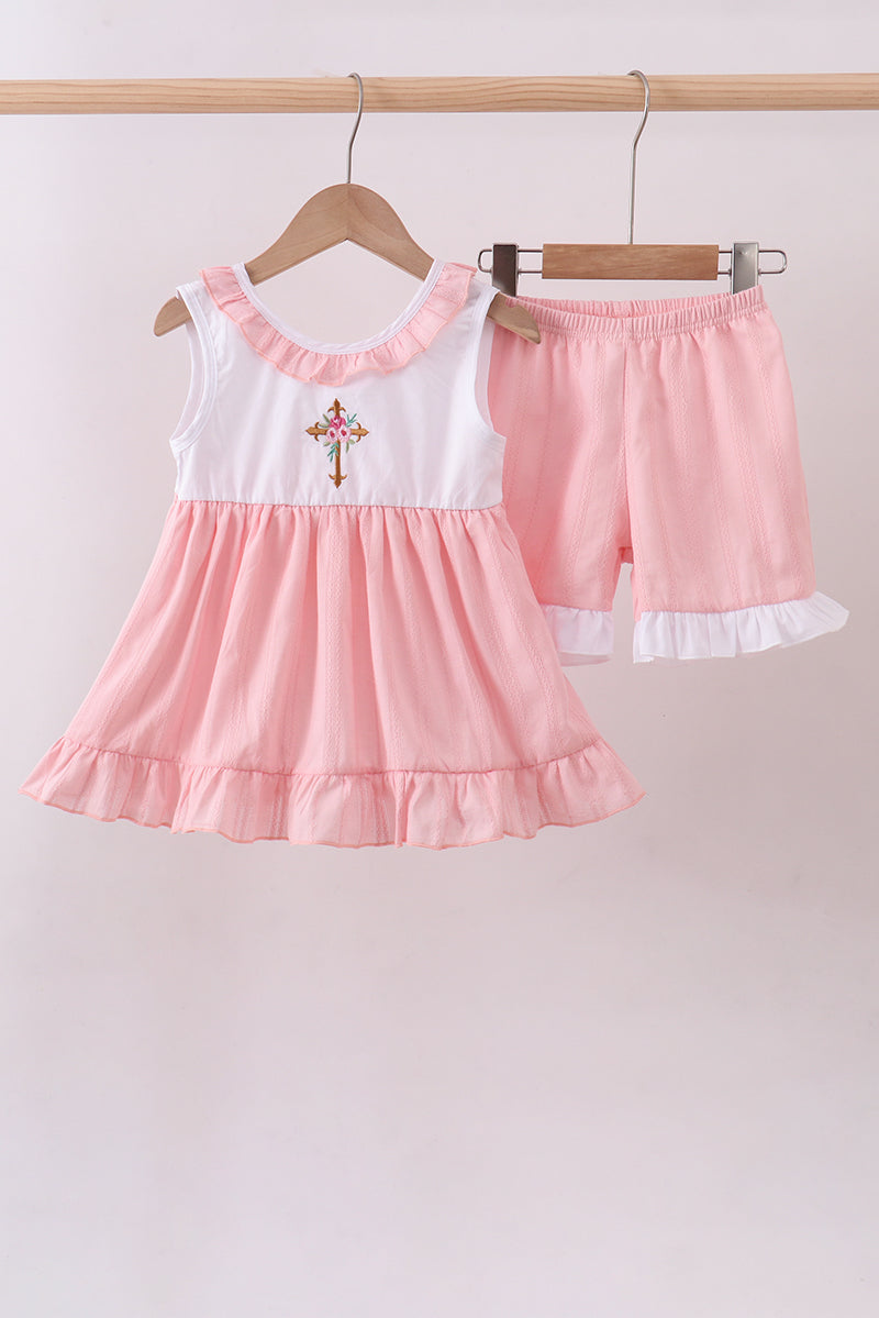 Pink cross jacquard embroidery shorts set - ARIA KIDS