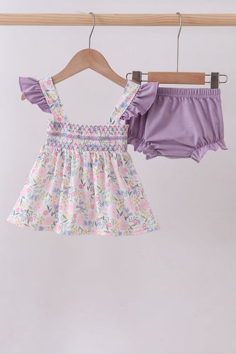 Purple floral smocked ruffle bloomer set - ARIA KIDS