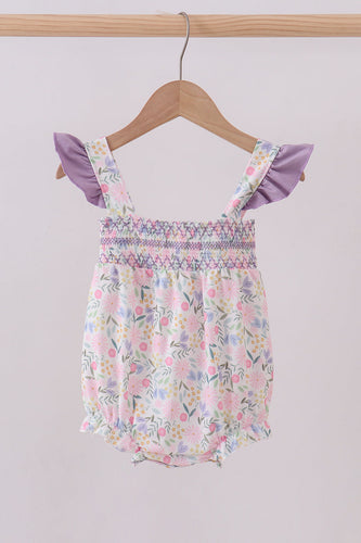 Purple floral smocked ruffle bubble - ARIA KIDS