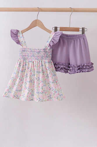 Purple floral smocked ruffle shorts set - ARIA KIDS