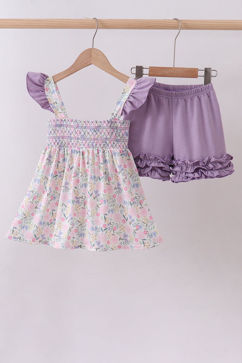 Purple floral smocked ruffle shorts set - ARIA KIDS