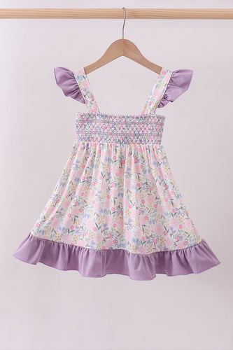 Purple floral smocked ruffle dress - ARIA KIDS