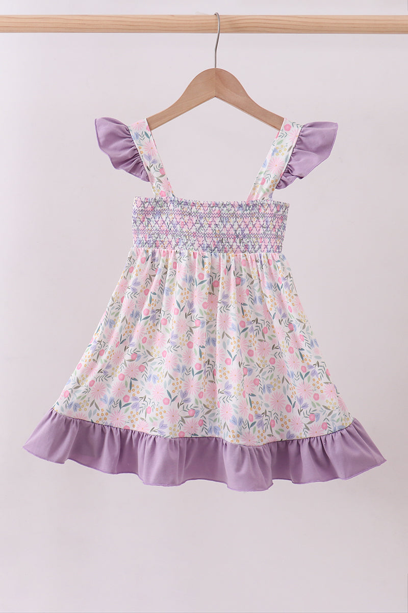 Purple floral smocked ruffle dress - ARIA KIDS