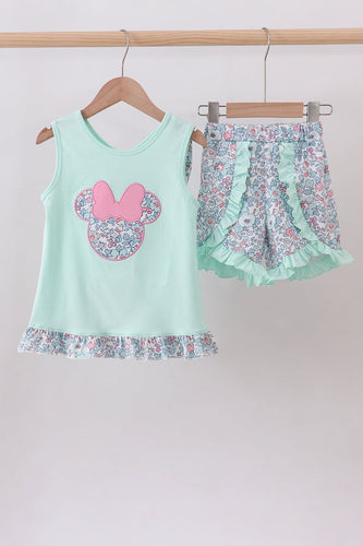 Mint floral character applique ruffle shorts set - ARIA KIDS