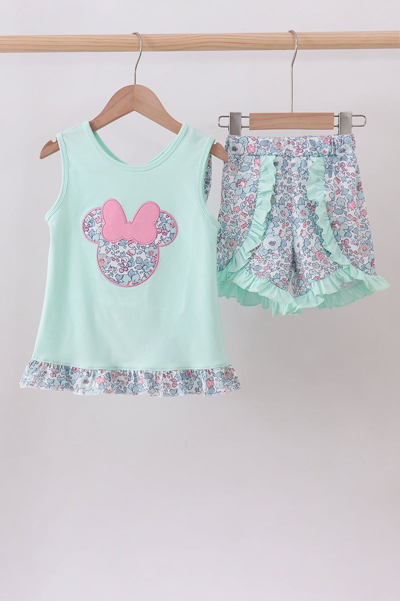 Mint floral character applique ruffle shorts set - ARIA KIDS