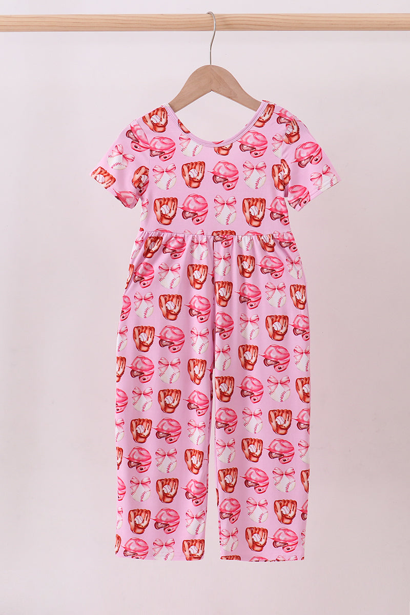 Pink bow baseball bamboo jumpsuit - ARIA KIDS
