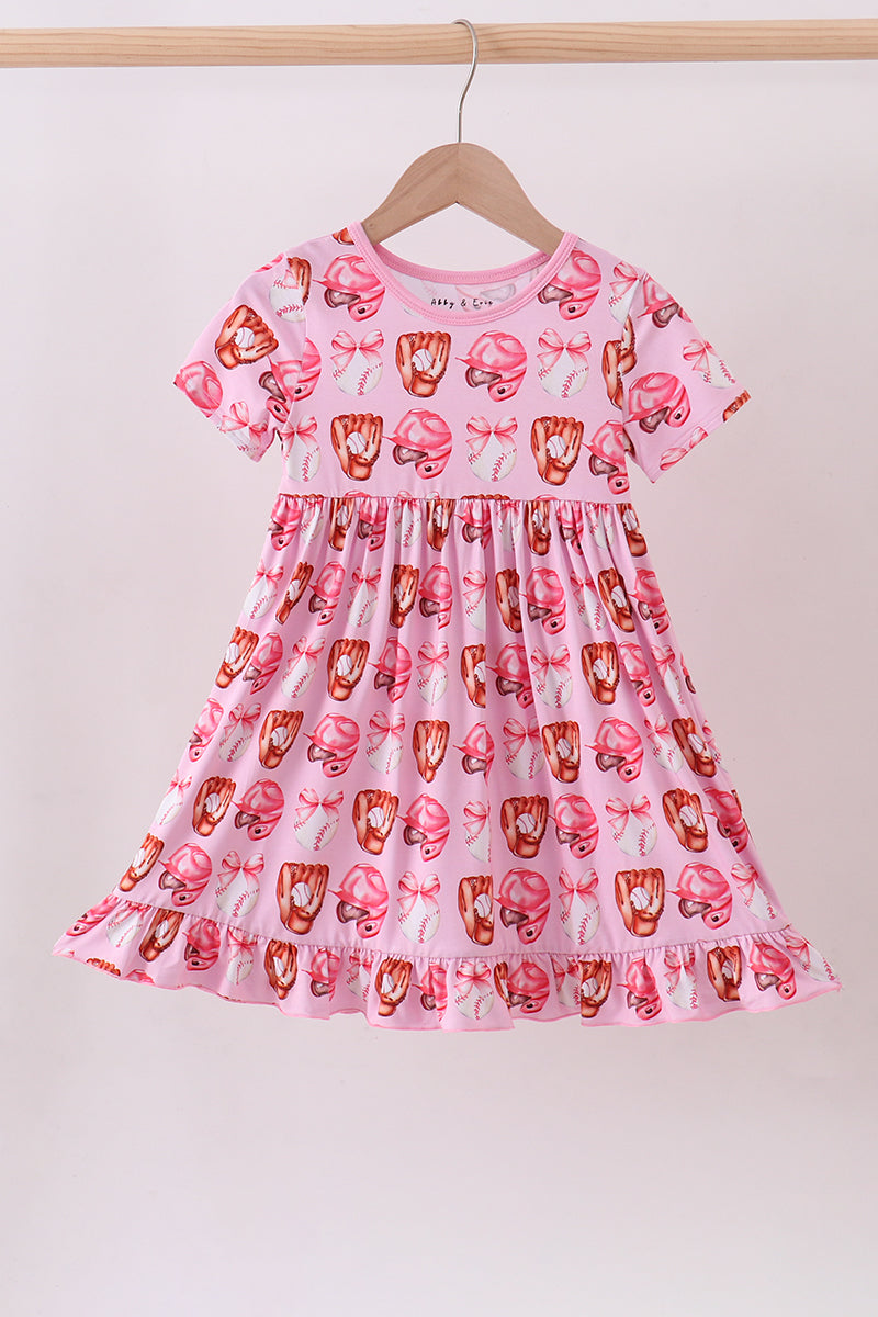 Pink bow baseball bamboo dress - ARIA KIDS